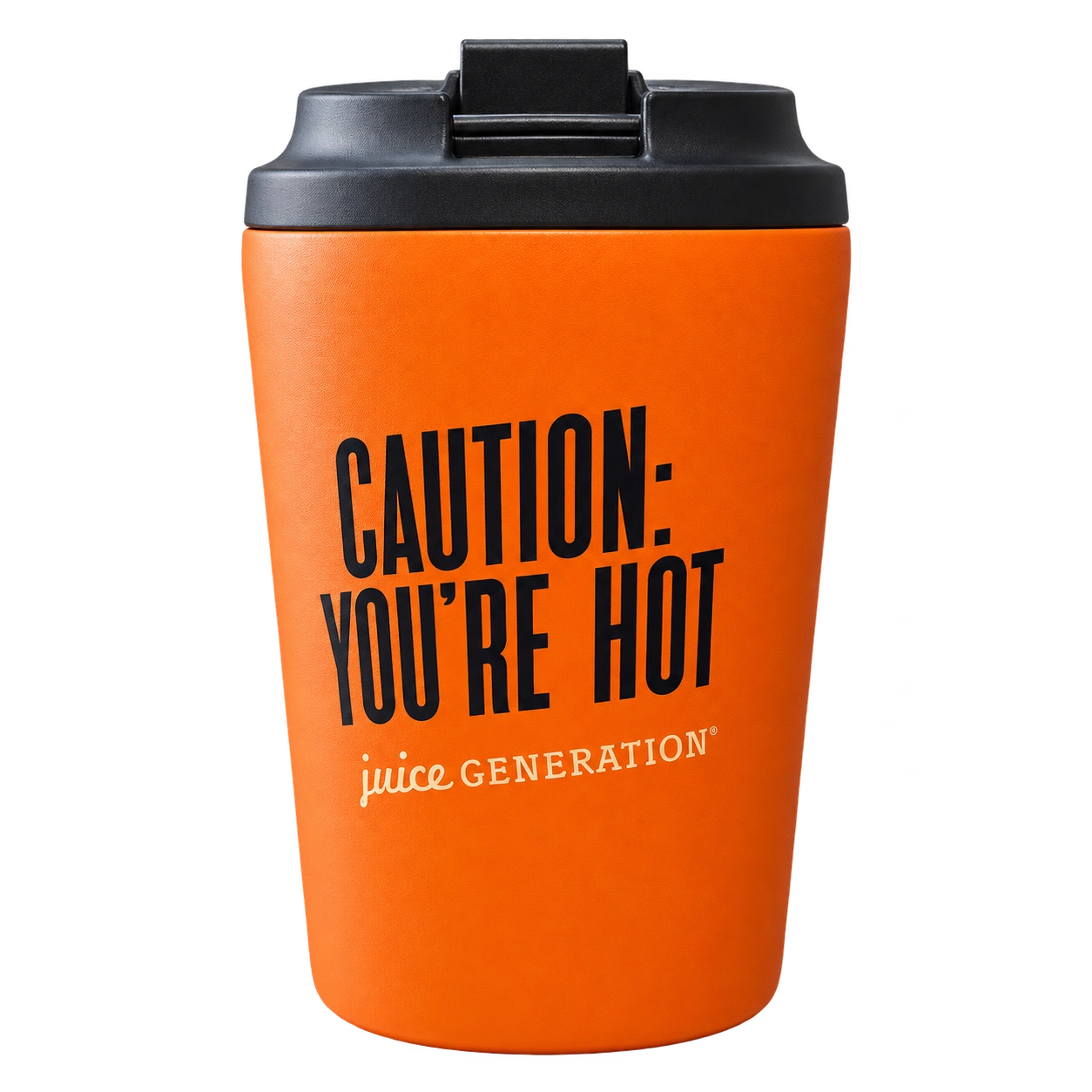 Orange insulated 12 oz hot cup with black lid