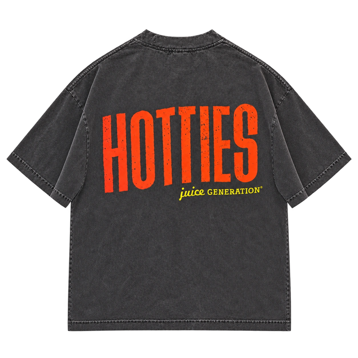 Back of oversized acid-wash black Hotties tee