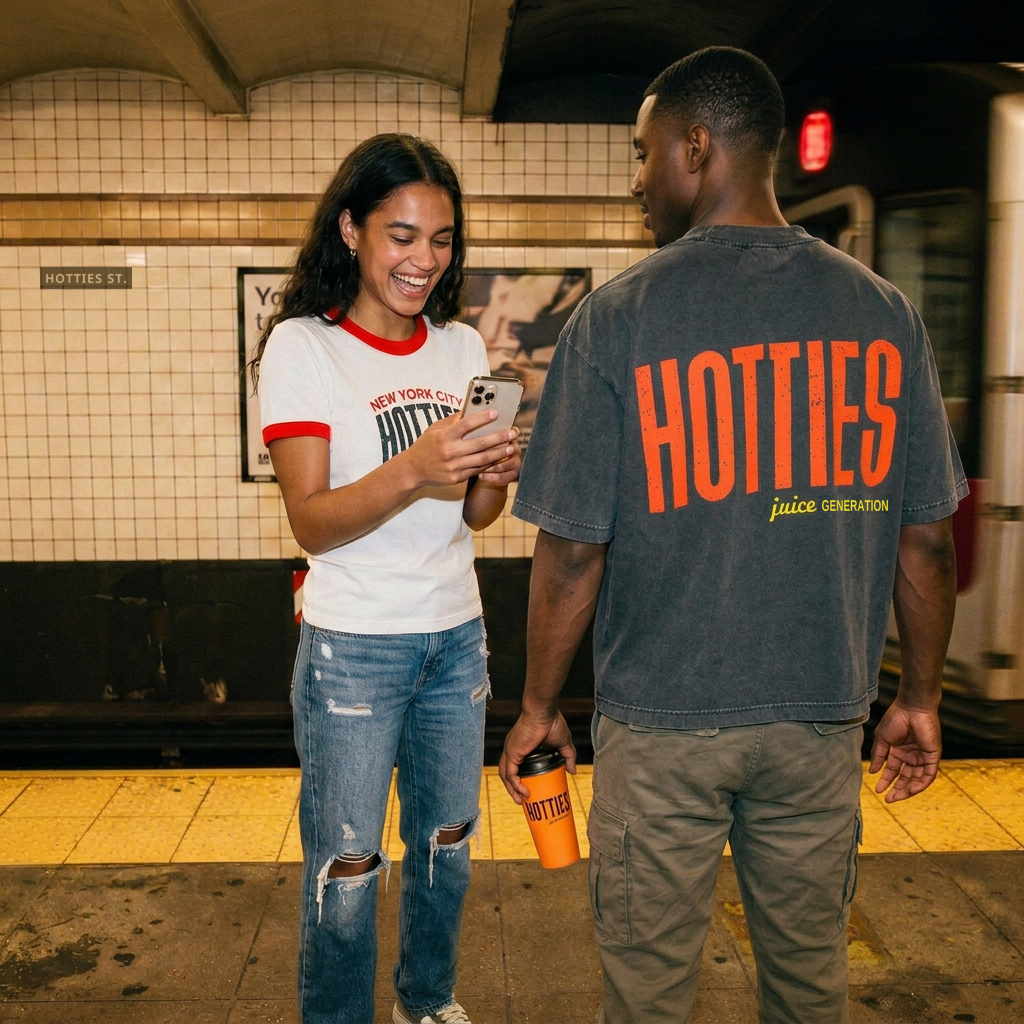 Two friends in HOTTIES tees laughing over a phone on a New York subway platform, one holding an orange Hotties cup